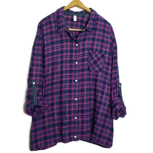 Plaid Flannel Button Up Top Roll Tab Sleeves XXL - Picture 7 of 8